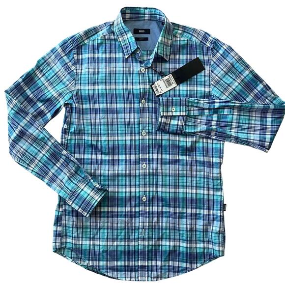 NWT Hugo Boss Men Turquoise Blue & White Plaid Thin Cotton Casual Shirt Sz Small - Picture 1 of 10